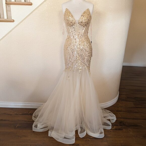 Champagne Gold Sequined Corset Prom Homecoming Mermaid Dress 4 - Picture 2 of 6